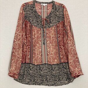 DR2 Multi Color Patchwork Boho Print Tie Front Relaxed Long Sleeve Blouse XXL